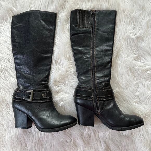 BOC Knee High Boots Leather Buckle Side Zip Block Heeled Tall, Black - Picture 1 of 8